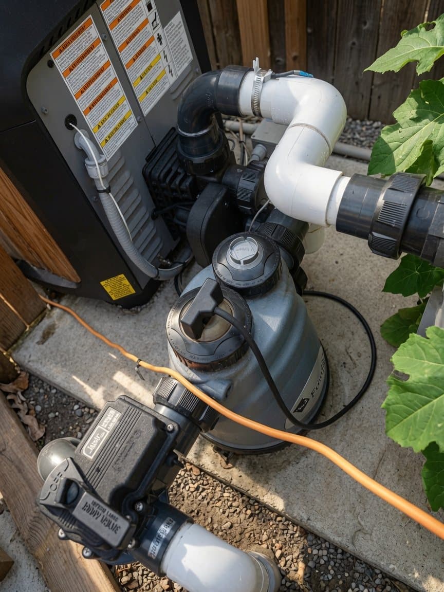 Pool heater and pump plumbing being serviced